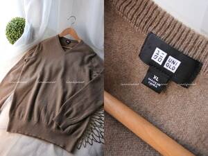 美品です　ユニクロ*　メンズ　XL　BROWN　カシミア　Vネックセーター