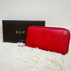 極美品 グッチ インターロッキング 長財布 ラウンドファスナー レザー レッド GUCCI ウォレット 赤 449347 箱付 シボ革 レディース Wallet