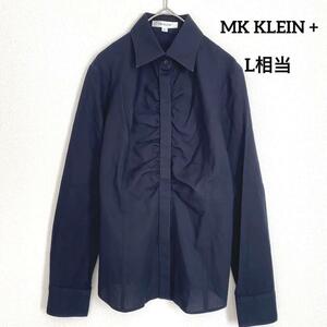 【MK KLEIN +】長袖ギャザーブラウス 襟シャツ Ｌ きれいめ オフィス 紺 無地 