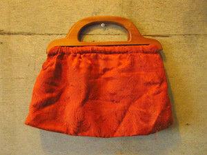 ビンテージ-50’s●ウッドハンドルリーフ総柄ハンドバッグ●240304k8-bag-hnd -1950s刺繍シルクレディース