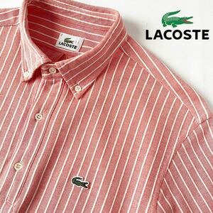 (美品) ラコステ LACOSTE ボタンダウン ストライプ ビズポロ シャツ 3 (M) オレンジ ホワイト 半袖 ポロシャツ kh006 