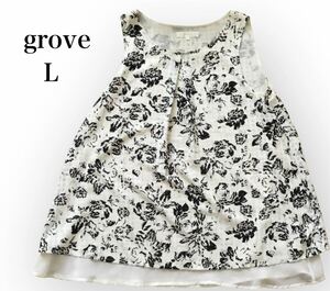 【grove 】新品同様　白地に黒花柄チュニック ワールド　おしゃれワンピーノースリーブ 