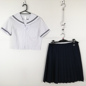 1円 セーラー服 スカート 上下2点セット 155A 夏物 青2本線 女子 学生服 中学 高校 白 制服 中古 ランクC EY0811