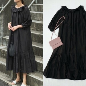 【即決】美品*1.7万 Audrey and John Wad｜インドコットン♪フリルロングワンピース ブラック（オードリーアンドジョンワッド）