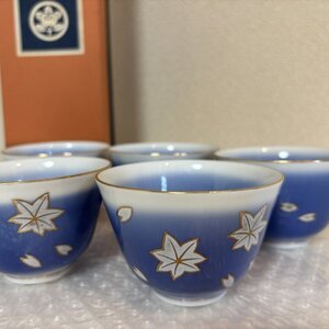 未使用【たち吉】お茶呑茶碗 湯呑×5客 セット 立田川 青地 紅葉模様 桜模様 橘吉 創作陶器 箱入り■山65