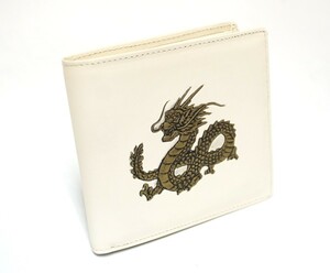 財布 二つ折り財布　龍　ドラゴン　小銭入れ付き　牛革　オフホワイト　日本製　