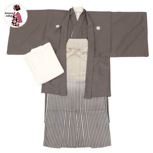 1円 美品 紋付着物 羽織 長襦袢 袴 身丈142.5cm グレー 同梱不可 【kimonomtfuji】 5nfuji47380