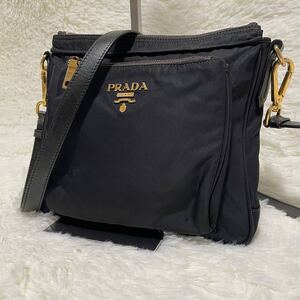 【1円〜】PRADA プラダ ショルダーバッグ ゴールド金具 テスートナイロン レザーストラップ 黒 茶 ブラック ブラウン クロスボディ