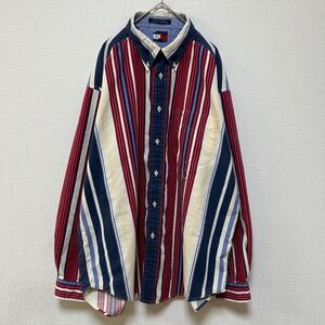 TOMMY HILFIGER 長袖シャツ ストライプシャツ ボタンダウン ストライプ 長袖 胸ポケット 胸ロゴ 刺繍ロゴ 赤 ネイビー 古着 XL