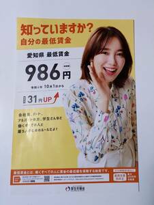 飯豊まりえ「知っていますか？自分の最低賃金 」 令和4年 愛知県版 厚生労働省A4チラシ