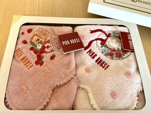 未使用 ピンクハウス PINK HOUSE タオルハンカチ 2枚セット 刺繍 レース 綿100% レーヨン100% ハンカチ 抗菌防臭加工 ブルーミング中西