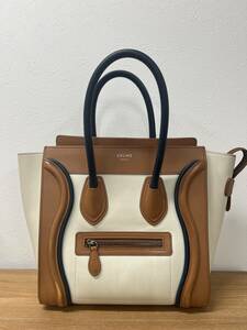 【希少カラー】セリーヌ/CELINE★ラゲージ マイクロショッパー ハンドバッグ オフW/ネイビー/キャメル トリコロール レザー◆管No4216