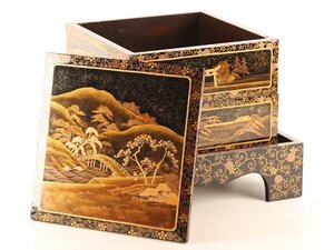 【流】時代漆器 本金加賀蒔絵二段重箱 台付 KZ647