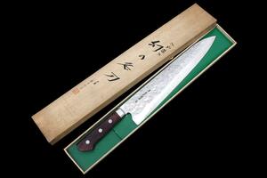 未使用品｜藤原照康 幻の名刀 牛刀 洋包丁 300mm 鍔付き柄 箱付 KN02-A10373-2L4