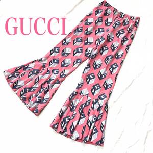  ★ GUCCI グッチ キューブ 総柄 シルク 100％ フレア　裾プリーツ パンツ ワイドパンツ ピンク 38 Gucci Gg Wallpaper Print Silk Pant ★