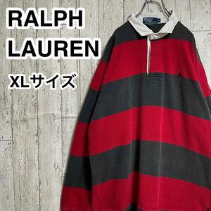 ☆送料無料☆ Ralph Lauren ラルフローレン 長袖ラガーシャツ XL レッド グレー ビッグシルエット ビッグサイズ 太ピッチ ボーダー 24-18