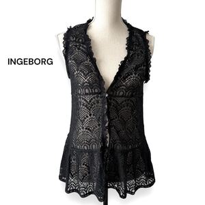 美品 INGEBORG インゲボルグ 1B 総レース リボン カーディガン 黒 ブラック トップス レディース ノースリーブ ベスト