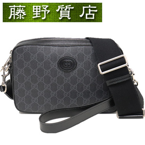 （美品）グッチ GUCCI インターロッキングG付き クロスボディバッグ GGスプリーム 黒 シルバー金具 703468 斜め掛け 8052