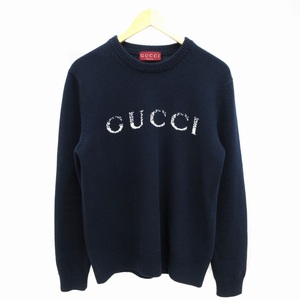 グッチ GUCCI 24AW インターシャ ウール ニット セーター ロゴ 切替 リブ 長袖 795834 紺 ネイビー S 1212 メンズ