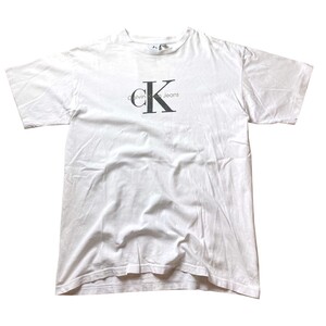 定番モデル! 90s USA製 Calvin Klein Jeans カルバンクライン ヴィンテージ CK ロゴ プリント 半袖 Tシャツ ホワイト 白 S M メンズ 古着