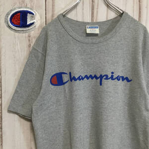 【チャンピオン 半袖ビッグロゴTシャツ】袖ロゴ刺繍 ビッグサイズ XL相当 グレー Champion 古着 [220420-033]