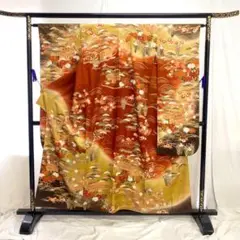 【S1047】着物 振袖 正絹 袷 茶 金駒刺繡 菊 牡丹 単品販売