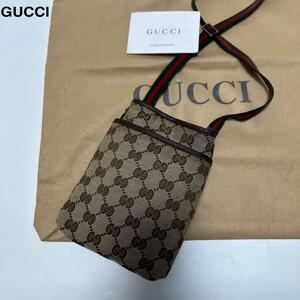 d61【美品】グッチ　GUCCI GGキャンバス　レザー　シェリーライン　ショルダーバッグ　ミニ　ポーチ　サコッシュ ポシェット　141863