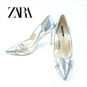 ZARA パンプス クリア ポインテッドトゥ スケルトン 37 シルバー ザラ レディース hws01286