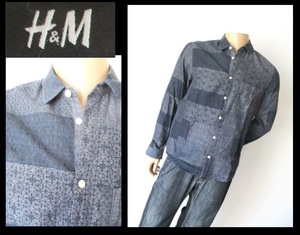 【001-71】H&M★ダークネイビー系パッチワーク風プリント長袖シャツ/Mサイズ