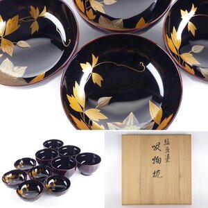 【扇屋】 黒塗 桔梗蒔絵 輪島塗 吸物椀 5客 高さ 約11cm 幅 約10.5cm 木製 花蒔絵 煮物椀 汁椀 懐石道具 お正月 漆器 漆芸 B-3