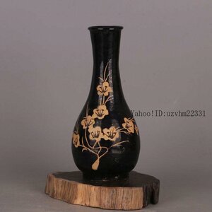 宋吉州窯黒釉彫花蒜頭瓶 景徳鎮 陶磁器 装飾品 工芸品 美術品 置物