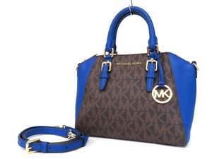 24612 美品 MICHAEL KORS マイケルコース Ciara シアラ MK柄 G金具 PVC×レザー 2WAY ジップ ハンドバッグ ショルダーバッグ 鞄 茶系×青