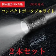 ブラック2本　充電ケーブル付LED懐中電灯 強力 USB充電式 防水 携帯 防災