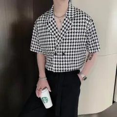 メンズ　トップス　シャツ　チェック　千鳥　黒　白　韓国　半袖　カジュアル　XL