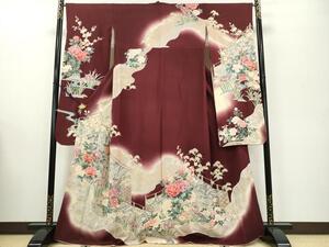 平和屋着物■豪華振袖　駒刺繍　道長孔雀草花文　暈し染め　金銀彩　正絹　逸品　DAAK0079ud