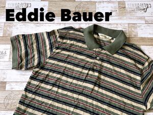 ☆送料無料☆ Eddie Bauer エディーバウアー 古着 半袖 ボーダー ポロシャツ メンズ S グリーン トップス 中古 即決