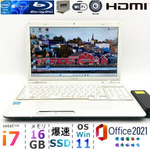 極速i7【メモリ16GB+爆速SSD/Core i7-3.10GHz】Windows11Pro/Office2021/Blu-ray/Webカメラ/USB3.0/Wi-Fi/筆ぐるめ/人気東芝ノートパソコン