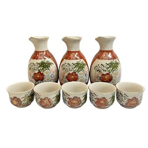 美品 九谷焼 酒器セット おちょこ 5個 徳利 3本 フラワー 花柄 金彩 グレー その他