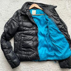 美品/Lサイズ●DIESEL ディーゼル ダウン ジャケット ライダース ブルゾン 軽量 裏地総柄 ブラック アウター 秋冬 フード 黒