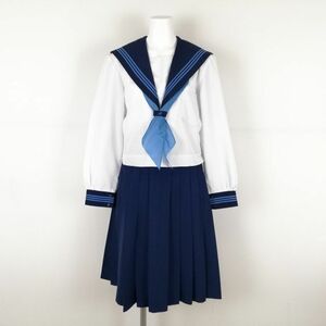 1円 セーラー服 スカート スカーフ 上下3点セット 中間服 青3本線 女子 学生服 高知南中学高校 白 制服 中古 ランクC NA6685