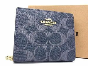 1円 ■美品■ COACH コーチ C3309 シグネチャー PVC×レザー 二つ折り 財布 ウォレット 小銭入れ レディース ネイビー系 BF9061