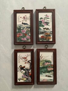 磁板絵 色絵磁器 山水画 花鳥絵 4枚セット 額付 唐物 中国古美術