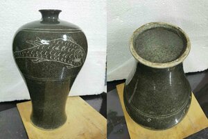 ■観心・時代旧蔵■C601珍品旧蔵 朝鮮 高麗磁 朝鮮古陶磁器 古高麗 李朝時代 李朝黒釉印刻紋梅瓶