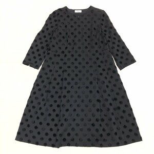 ●美品 Leilian レリアン 水玉柄 ノーカラー タック ドレス ワンピース 15(2XL) 黒 ブラック 日本製 ドット ミモレ丈 3L ゆったり 大きい