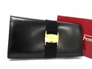 1円 ■美品■ Salvatore Ferragamo フェラガモ ヴァラ レザー 二つ折り 長財布 ウォレット 札入れ カード入れ ブラック系 AX7835