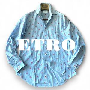 A10 極美品 爽やかなミニペイズリー！定価8万 XLぐらい 41『エトロ ETRO』イタリアンコットン 長袖 シャツ 総柄 鮮やかなブルーカラー！青