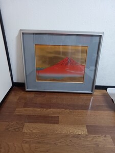 【１円スタート】【現状品】宮越鳳鳴　赤富士風景　金箔　漆絵　金属 絵画 美術品　彫金画 インテリア　開運赤富士　アンティーク