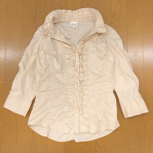 EMMA JAMES エマジェイムス スキッパーカラー ストレッチ レース ギャザー シャツ 13R(XL相当) ベージュ ブラウス LL 2L ゆったり 大きい