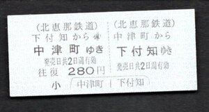 廃止（北恵那鉄道）往復乗車券（中津町から下付知ゆき２８０円）