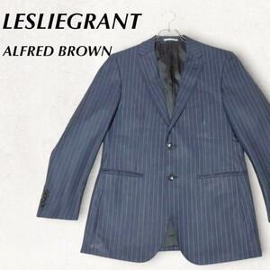 ru86 LESLIEGRANT × ALFRED BROWN メンズ テーラードジャケット ネイビー（紺）ストライプ ウール100％ 2つボタン サイドベント